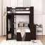 Lit mezzanine double avec lit simple autoportant, tablettes, bureau et garde-robe espresso