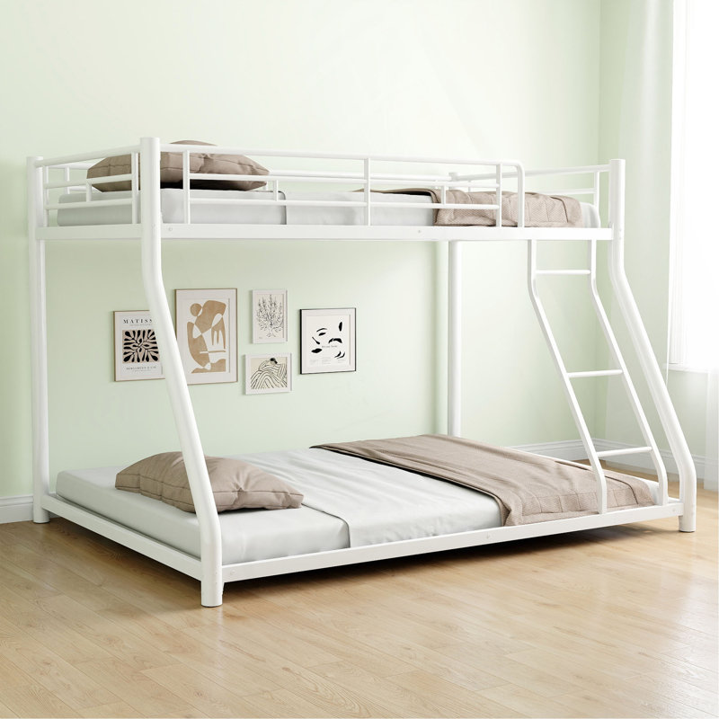 Lit superposé en métal simple au-dessus d'un lit double avec escalier amovible, structure robuste robuste avec rangement sous le lit de 12 po pour les adolescents et les adultes, les adolescents, aucun sommier nécessaire, blanc