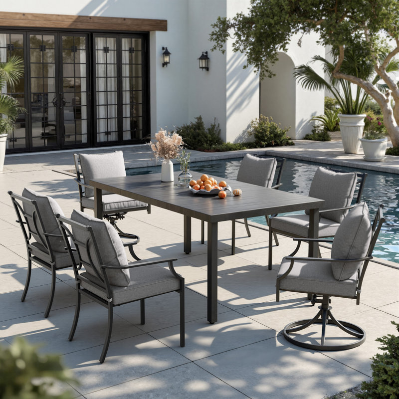 6 Person Outdoor Dining Set With Rectangular Table — Includes 4 Fixed & 2 Swivel Cushioned Armchairs