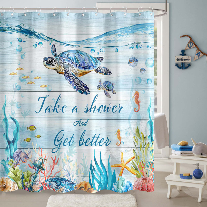 Ensemble de rideau de douche en tissu imperméable avec crochets pour salle de bain Funny Ocean Turtle 72 po x 72 po