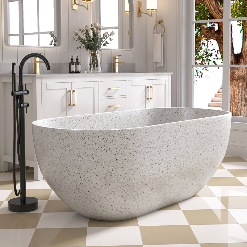 63'' x 31'' Concrete Freestanding Solid Surface Outdoor Soaking Stone Bathtub Terrazzo, Off White