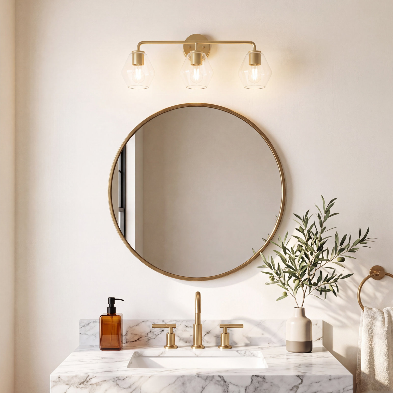 Rooks 3-Light Dimmable Vanity Light, Satin Brass, Clear