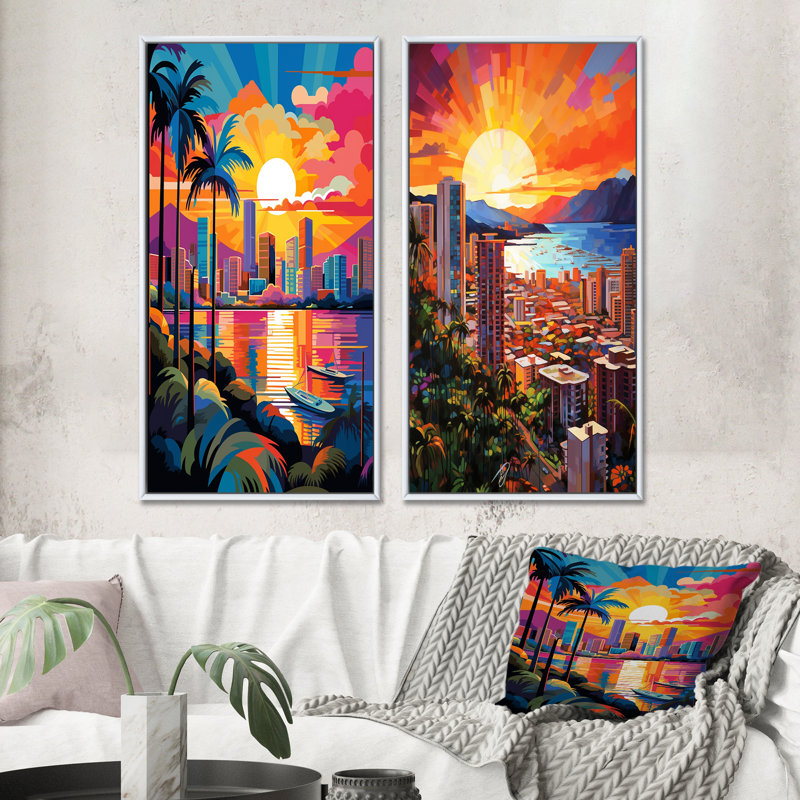 «City Maui Popart», 2 pièces sur toile, Cadre blanc, H 20 po x l 24 po