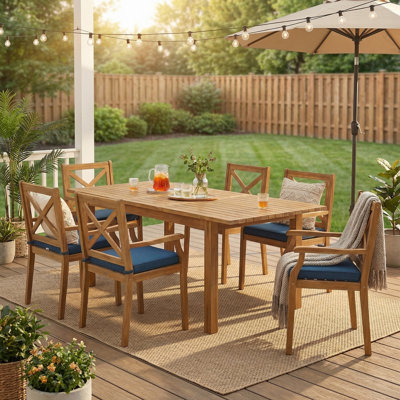 Ensemble de salle à manger 7 pièces en bois d'acacia avec coussins, 6 chaises modernes et 1 grande table pour la pelouse, la cour et la terrasse