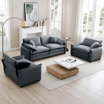Luxurious and Sophisticated Sofa Set with Soft Cushions and Pillows, Sofa Set for Living Rooms and Clubs as well as Home Theaters, Consisting of Two Single Sofas and a 2-Seaters Sofas in Corduroy