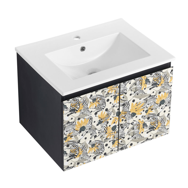 Meuble-lavabo de salle de bain avec lavabo en céramique et charnières de porte à fermeture en douceur. , Noir. Espace