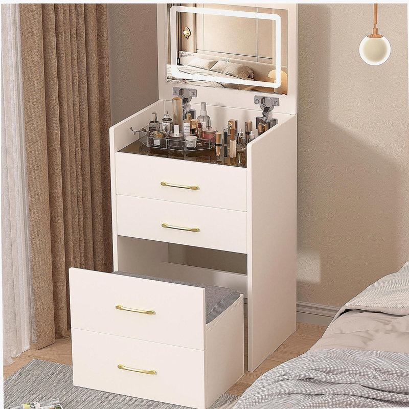 3 in 1 Vanity Desk with open Top Mirror,Small Make Up Vanity Set with Visible Glass Desktop,Compact Makeup Vanity with 3 Drawers,Dressing Table for Bedroom