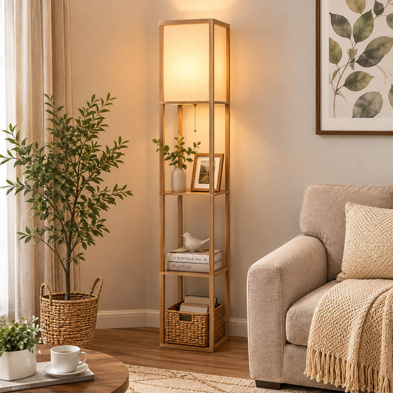 Modern Shelf Floor Lamp with 3 Tier Storage and LED Light