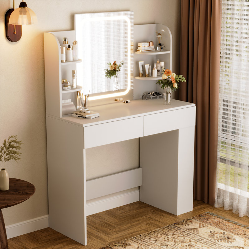 Vanity Desk with Mirror and LED Lights, Makeup Vanity Table with 3 Lighting Color, Adjustable Brightness, Vanity Table with 2 Drawers, Side Storage, for Bedroom