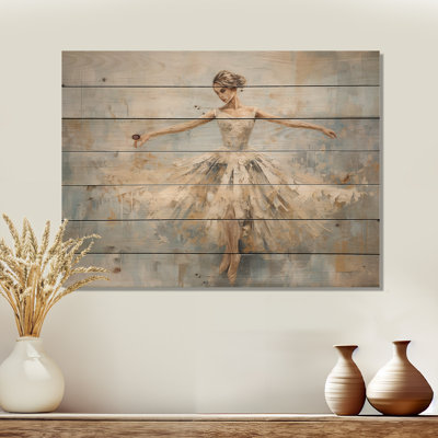 Art mural beige sur bois de pin naturel, ballerine minimalisme beige