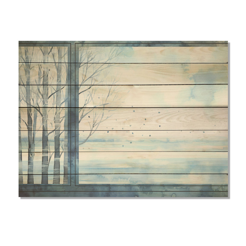 «White and Blue Winter Forest Collage VII», paysage d'hiver sur bois, H 10 po x l 20 po