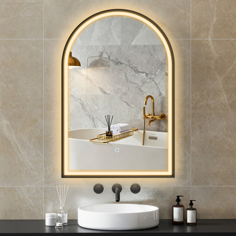 Miroir de salle de bain 24 po x 36 po à DEL, miroir mural arqué, noir