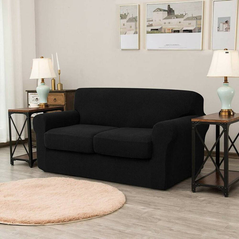 Textured Grid Soft Stretch Separate Box Cushion Sofa Slipcover, Black, 104cm H x 178cm W x 107cm D