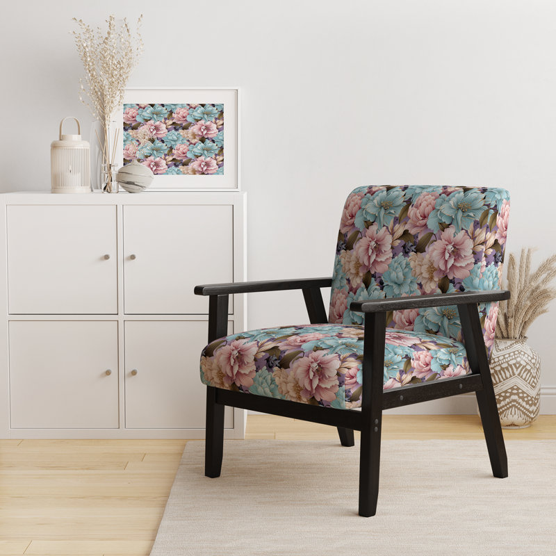 Fauteuil d'appoint rembourré bleu et rose avec pivoines et fleurs I