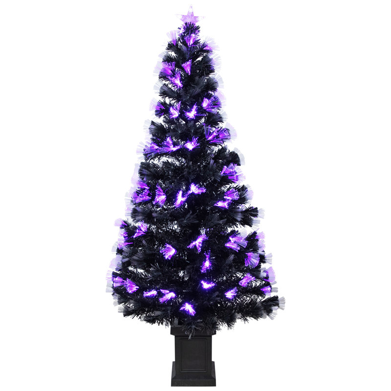 Arbre d'Halloween artificiel en fibre de pin 8 fonctions - 5 pi - noir - orange et mauve à DEL, 60" H x 30" W x 30" D