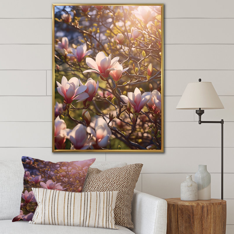 «Magnolias roses», impression sur toile, H 32 po x l 24 po x P 1 po, Cadre simple argenté