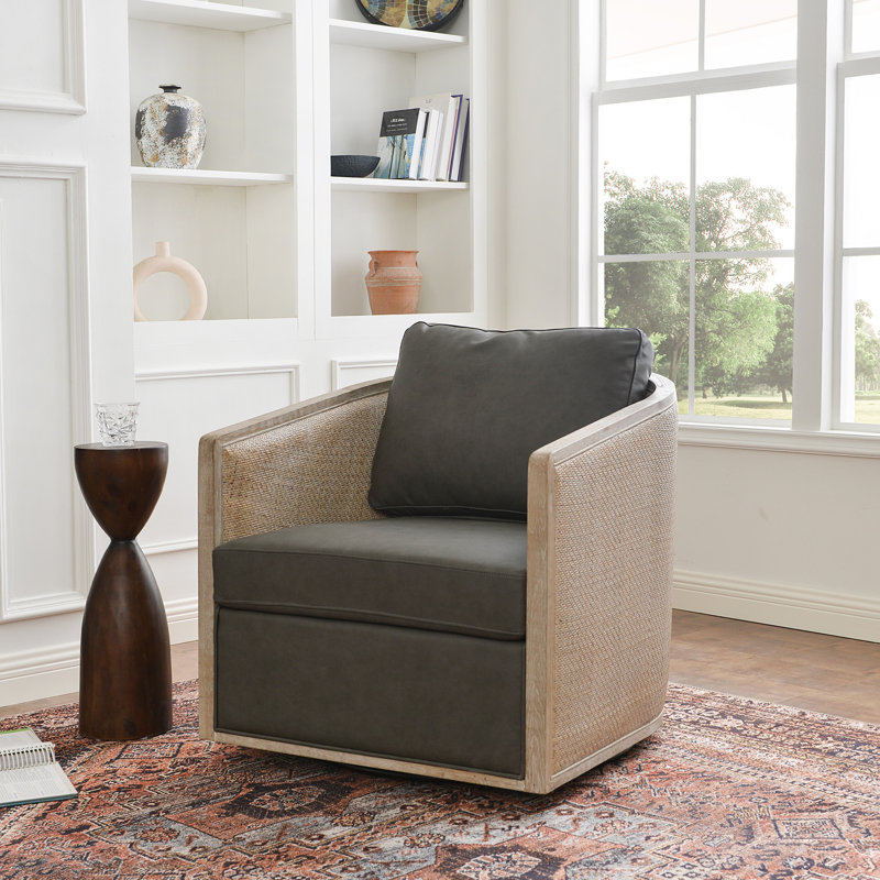  Genuine Leather Oak Wood Cane Swivel Barrel Chair, Gray Genuine Leather