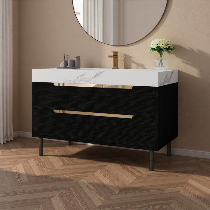 Meuble-lavabo moderne de 35,4 po avec lavabo sous comptoir, plateau en pierre frittée, bois massif multicouche imperméable, rangement à 4 tiroirs, autoportant / mural