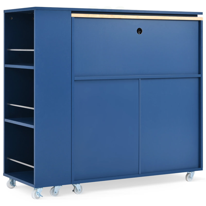Rolling Kitchen Island With Extended Table, Kitchen Island On Wheels With LED Lights,Power Outlets And 2 Fluted Glass Doors, Kitchen Island With A Storage Compartment And Side 3 Open Shelves, Navy, Kitchen Island