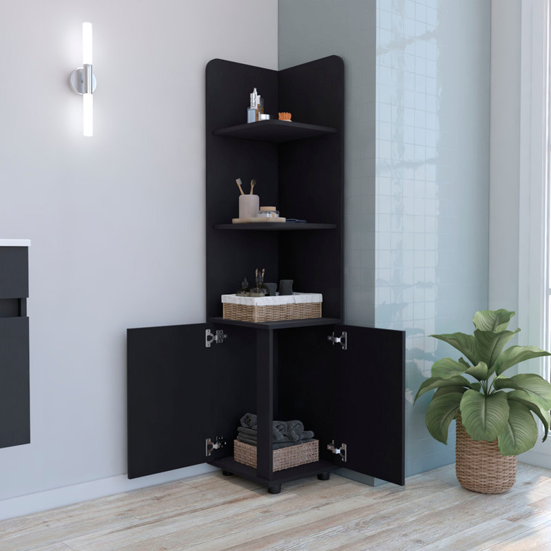 Freestanding Linen Cabinet, 2-Doors, Open Shelves, 62.2" H x 14.8" W x 14.2" D, Black