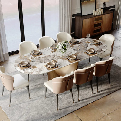 Ensemble de salle à manger, ensemble de table de salle à manger ovale pré-assemblé, ensemble de table de salle à manger en pierre frittée avec chaises rembourrées