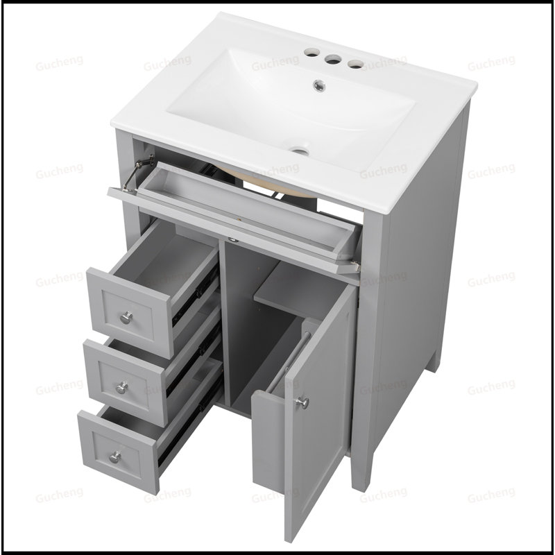 Meuble-lavabo à tablettes réglables avec lavabo, Gris
