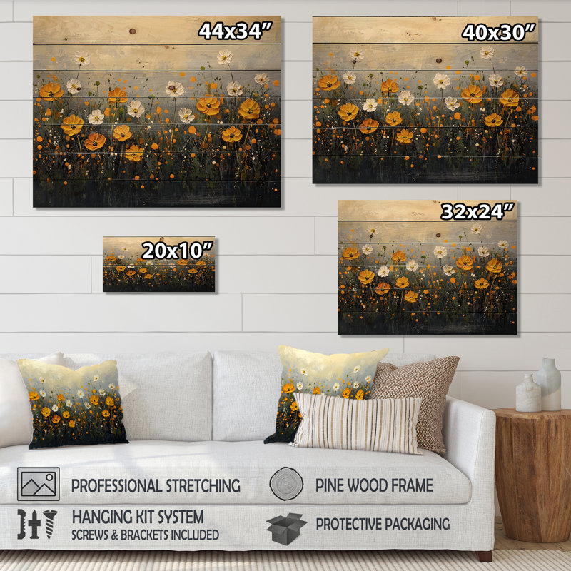 Dark Summer Daisies Field Landscape III - Daisies Wood Print - On Natural Pine Wood, 24" H x 32" W x 0.78" D
