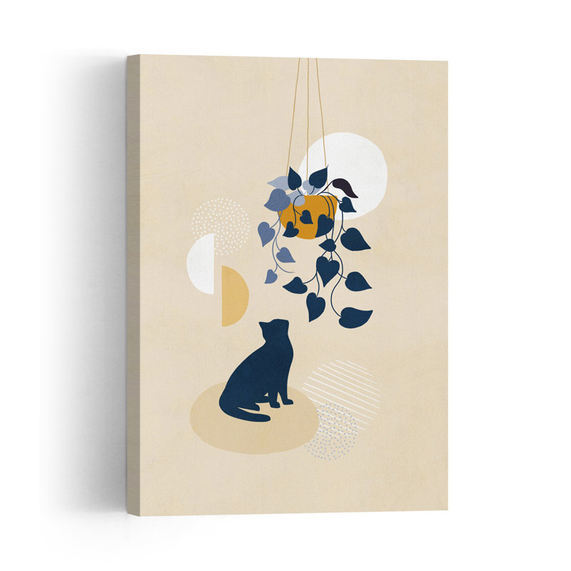 Curious Cat Under Plant Abstract Minimalist Modern Cat Nature Plant Wall Art Print, 152.4cm H x 101.6cm W
