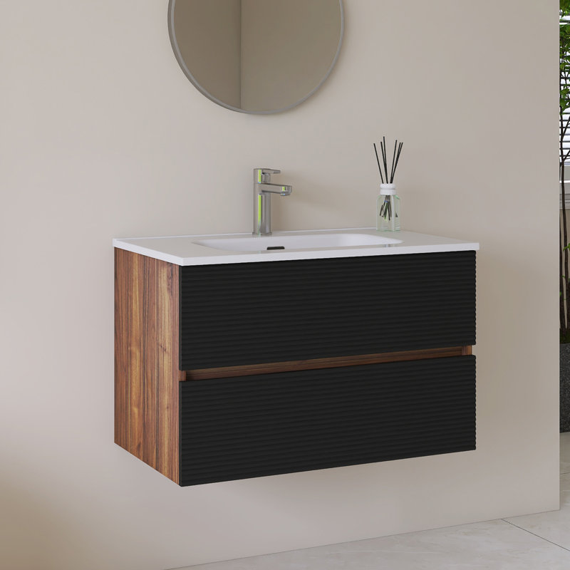 Meuble-lavabo mural simple 30 po avec comptoir en céramique intégré blanc, Noir