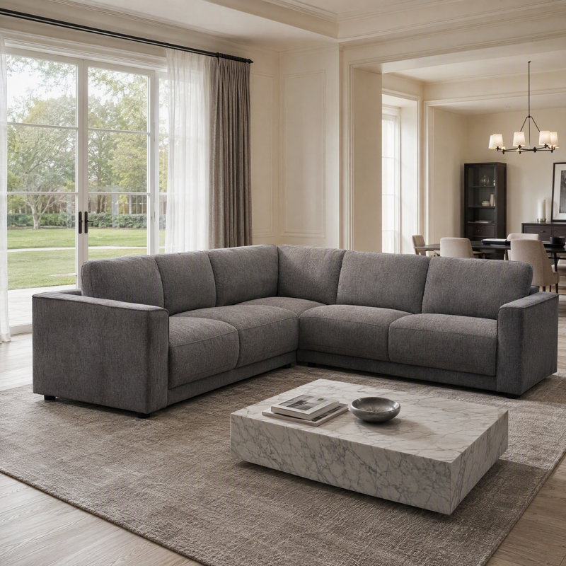 Canapé modulaire 3 pièces d'angle rembourré symétrique, Chenille gris foncé