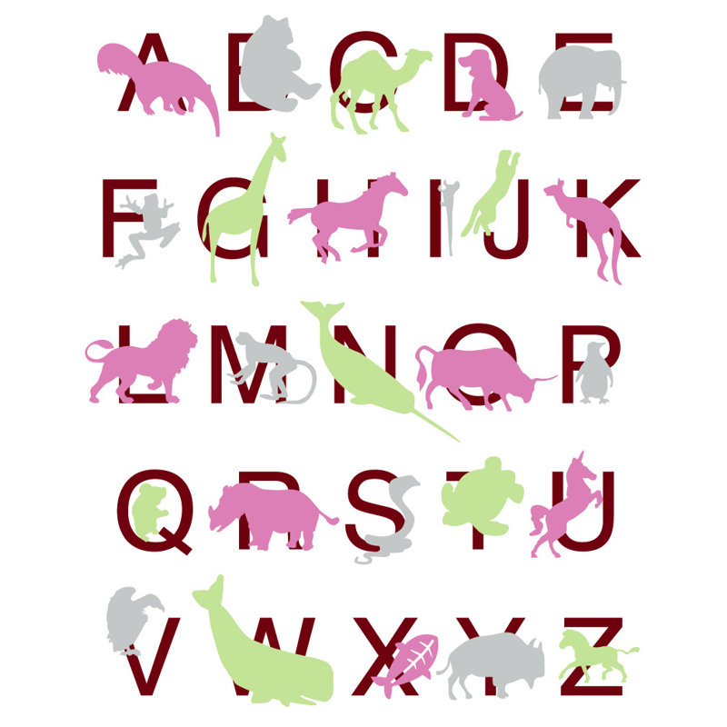 Décalcomanie murale alphabet animal, H 56 po x l 45 po x P 0,01 po, Gomme à mâcher / gris / vert