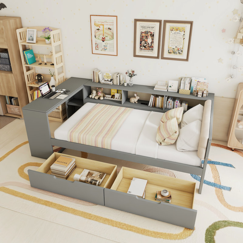 Lit plateforme avec tablettes de rangement, tiroirs, station de charge et tête de lit tapissier, Lit simple, Gris