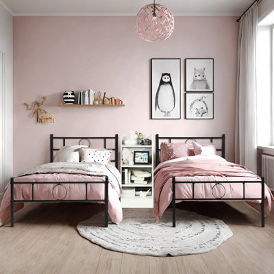 Single Bed Frame With Ladder Nighetstand Set Of 2, Platform Metal Bedframes, 4-Tier Wooden Storage Organizer.