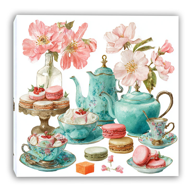 Aquarelle sur fond bleu sarcelle avec fleurs roses et macarons, 20"W x 20"H x 1.5"D