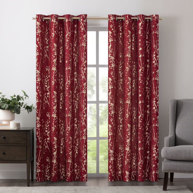Cardinal Red Floral Polyester Room-Darkening Grommet Curtain Panel