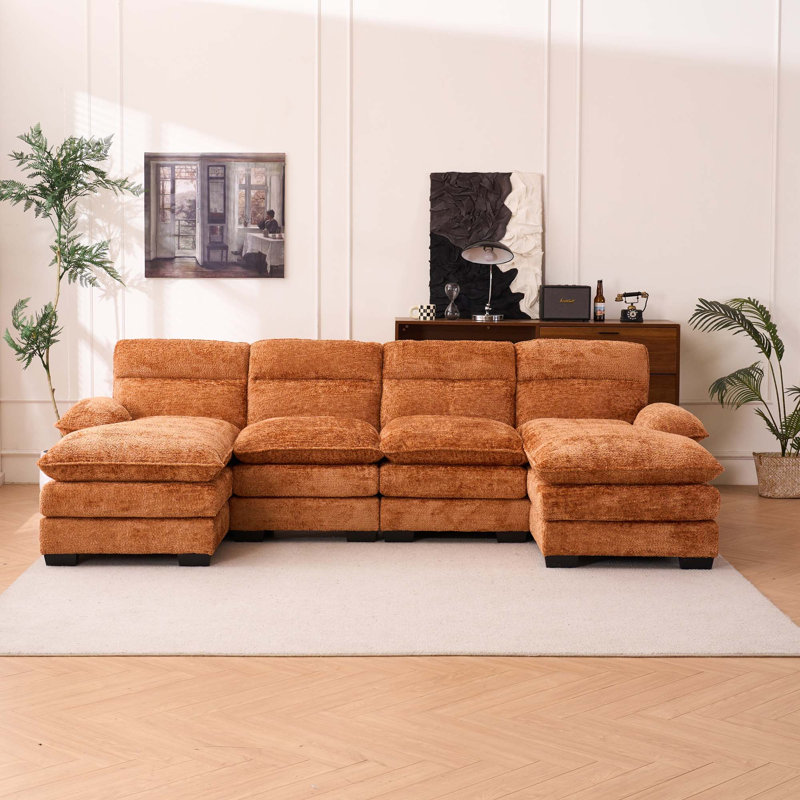 Canapé modulaire en U avec 2 sièges simples et 2 méridiennes, Polyester orange