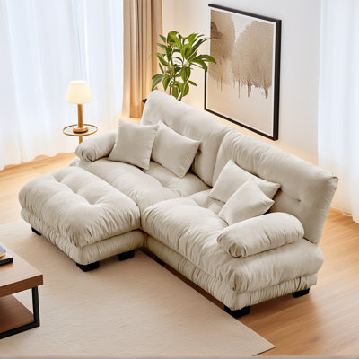 Canapé modulaire rembourré en chenille de couleur café clair avec repose-pieds 2 coussins lombaires et 2 coussins décoratifs pour petit salon