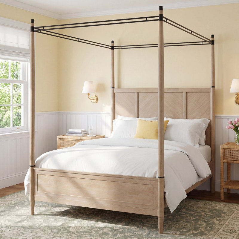 Dana Heights Canopy Bed – Mindi Veneers, Modern Transitional Wood Frame Bed, King