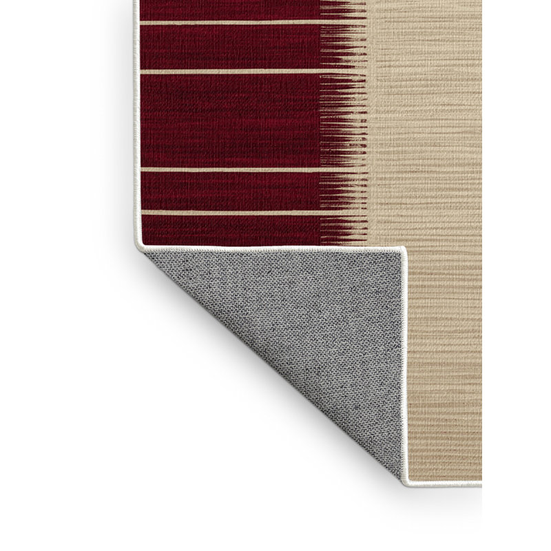 Tapis beige à rayures horizontales lavable à la machine, Carré 7 pi