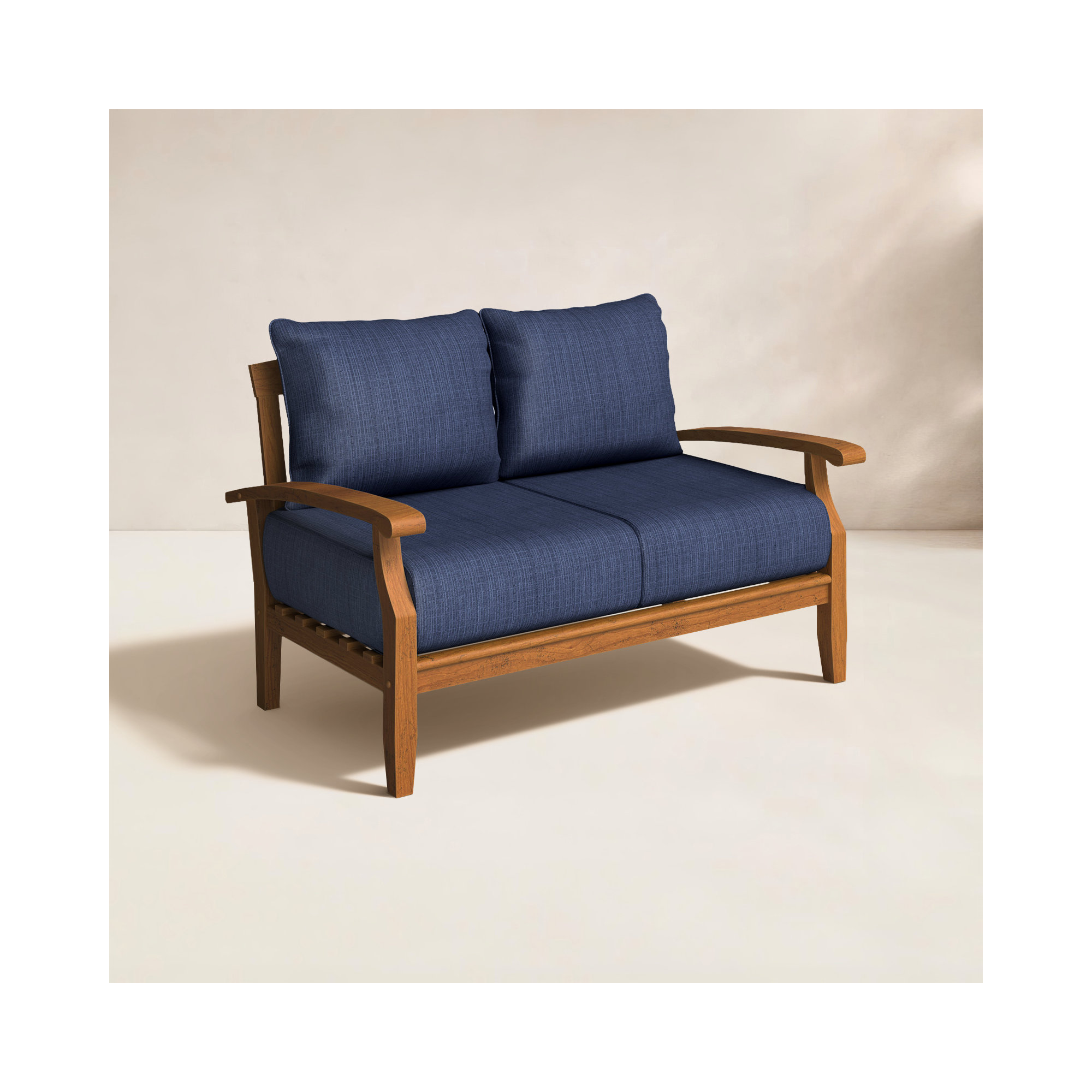 Summerton 54.25'' Wide Rectangle Teak Loveseat with Cushions, Navy Performance Olefin, Natural