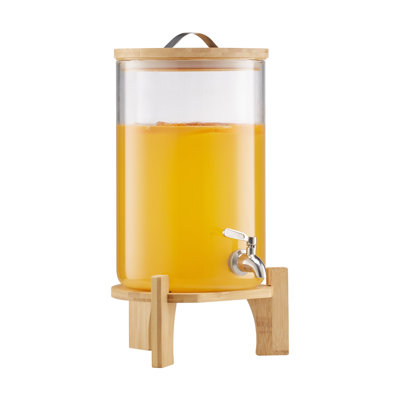2.2 Gallon Glass Beverage Dispenser with Wood Stand and Stainless Steel Spigot for Parties
