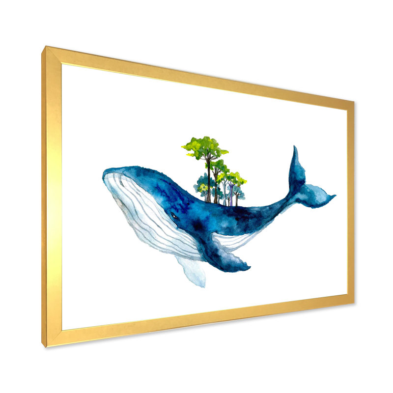 Baleine bleue sur fond blanc III - Peinture sur toile, H 30 po x l 40 po, Encadrement doré