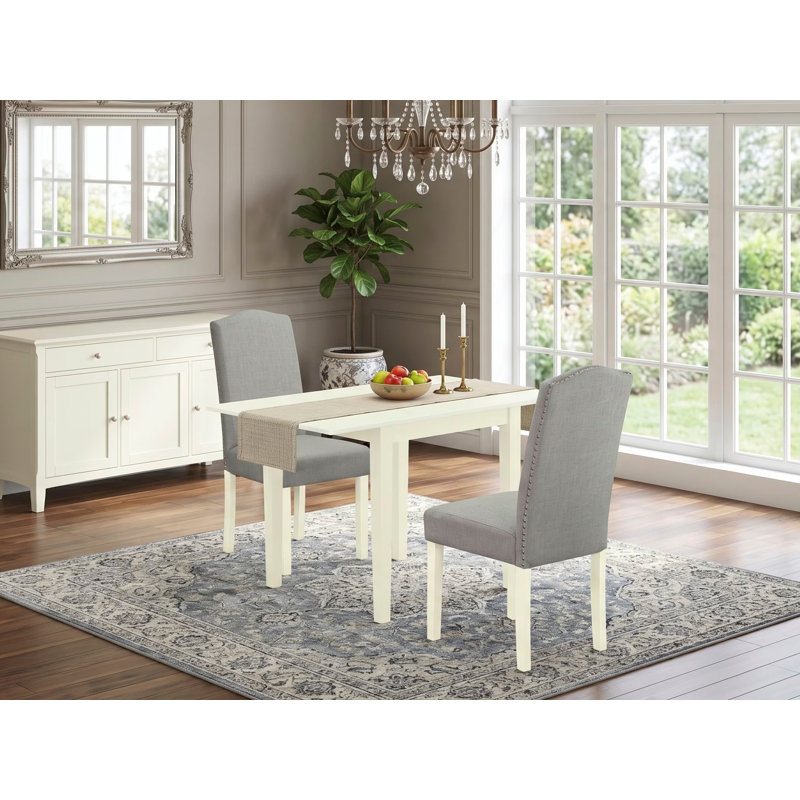 L'ensemble de meubles de salle à manger 3 pièces contient une table de salle à manger rectangulaire avec Dropleaf et 2 chaises Parsons en simili cuir pour étang, 30 x 48 pouces, lin blanc