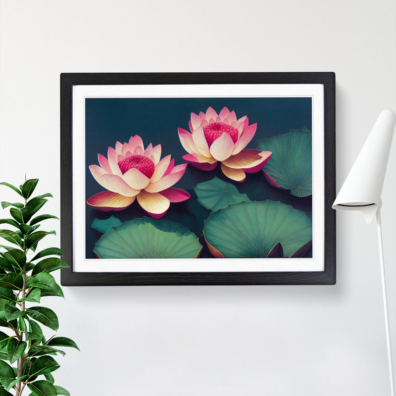 Beaming Lotus Flowers - Single Picture Frame Print, Black, 34cm H x 46cm W x 2cm D