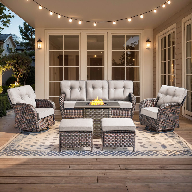 Ensemble de conversation pour patio en osier de 6 pièces avec table carrée et chaises pivotantes Fiorillo, Beige