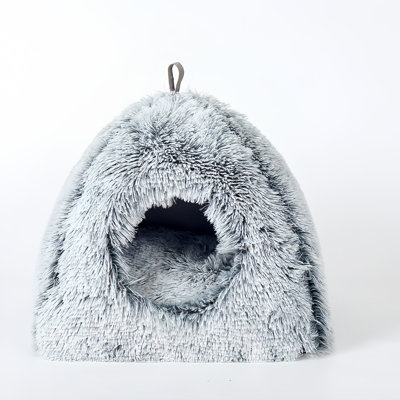 Fluffy Long Plush Hooded Cat Cave Bed with Non-Slip Waterproof Base, Dual Use Foldable Small Animal Hideaway Hut Machine Washable Cushion for Kittens, Guinea Pigs, Hamsters, Multiple Sizes & Neutral Colors Optional
