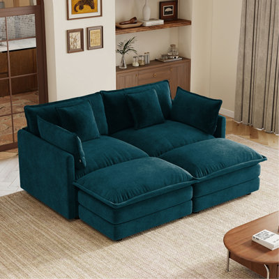 Two-Seater Sofa with 2 Ottomans and 2 Armrest Pillows and 2 Toss Pillows for Small Living Spaces,Easy to Assemble,Blue Chenille