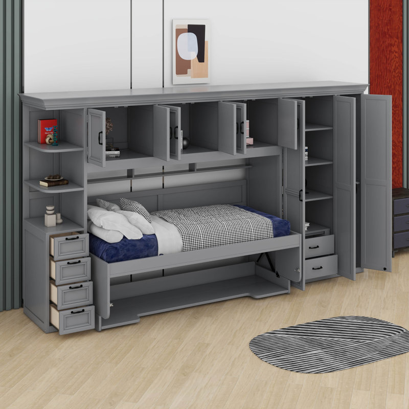 Lit escamotable simple avec garde-robe et 3 armoires supérieures, lits escamotables en bois avec bureau et tiroirs de rangement