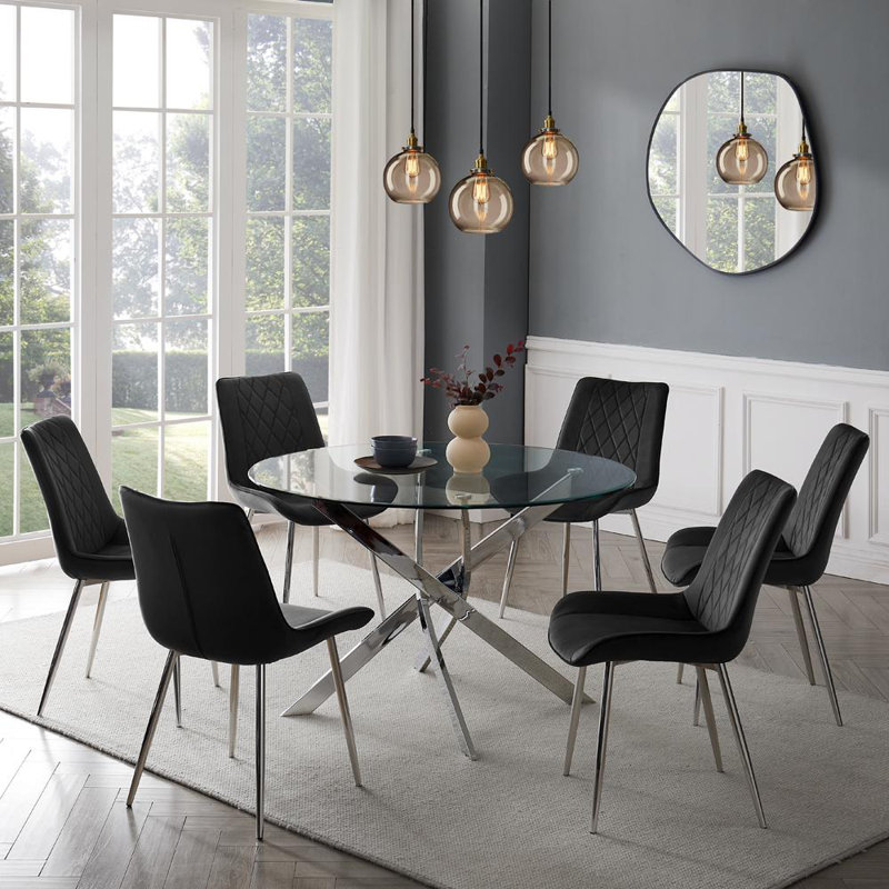 Round Glass Top Metal Base Dining Table, 75cm H x 120cm L x 120cm W, Silver