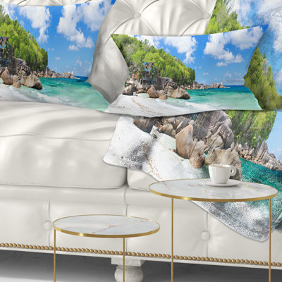 Takamaka Beach in Mahe Island - Sea & Shore Printed Pillow